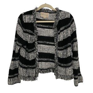 eThereal Fringed Knit Open Cardigan Sweater Womens S Black & White Striped